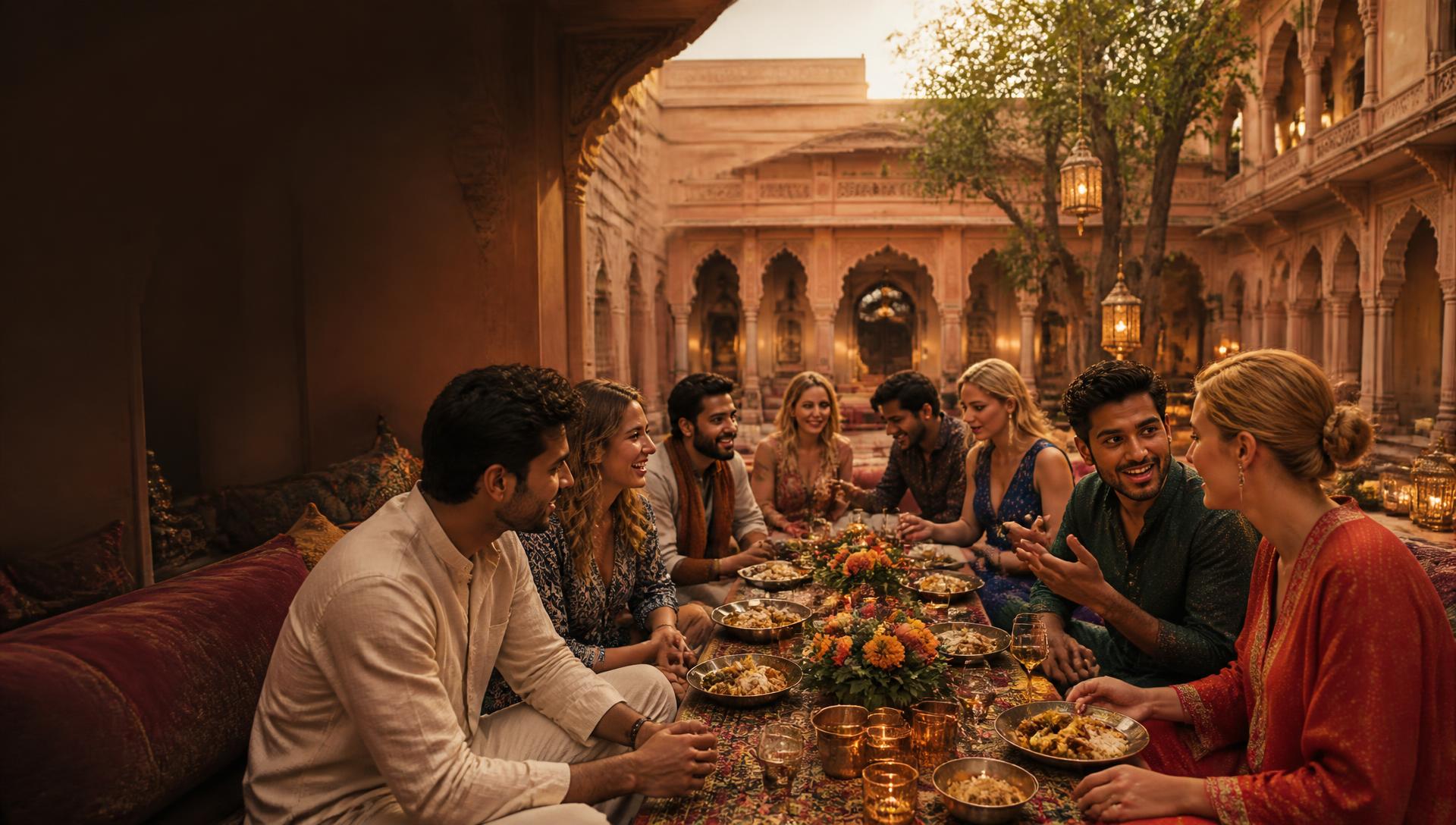 Indian and Russian participants sharing dinner in a Rajasthan courtyard